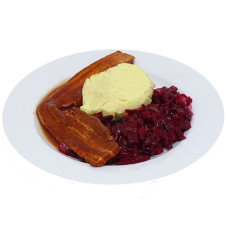 Speklap(v),  Vleesjus Rode bieten met appel en Aardappelpuree